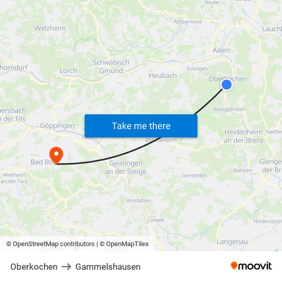 Oberkochen to Gammelshausen map