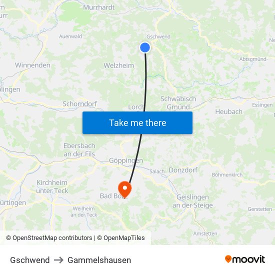 Gschwend to Gammelshausen map