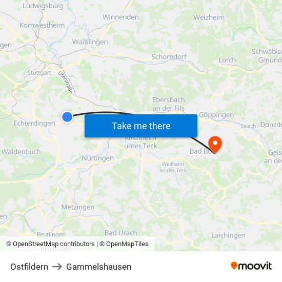 Ostfildern to Gammelshausen map