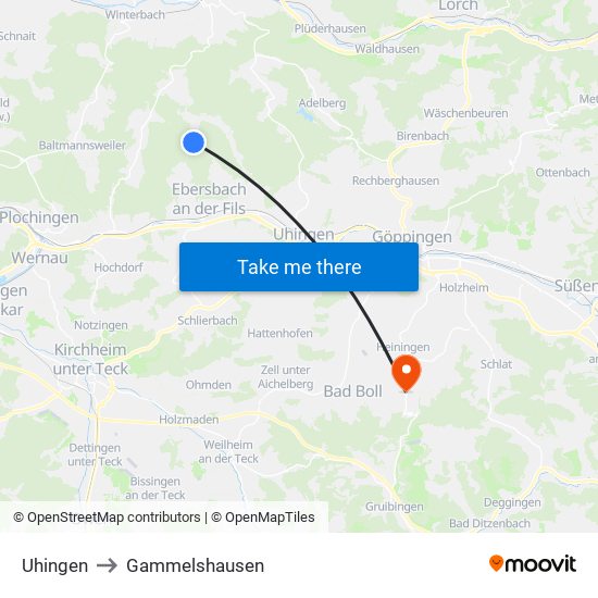 Uhingen to Gammelshausen map