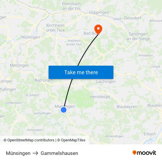 Münsingen to Gammelshausen map