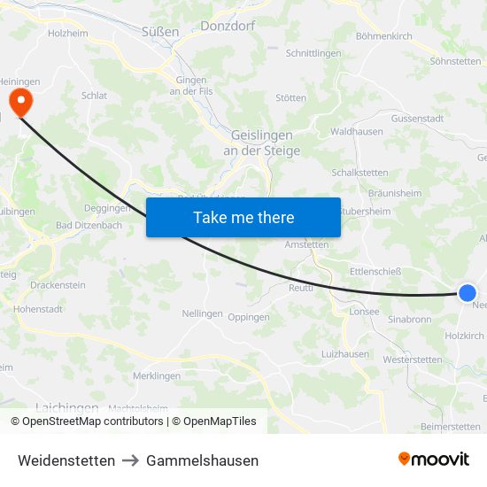 Weidenstetten to Gammelshausen map