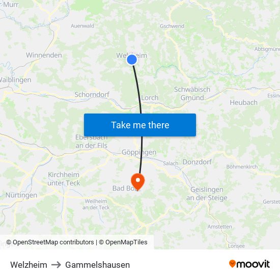 Welzheim to Gammelshausen map