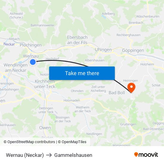 Wernau (Neckar) to Gammelshausen map