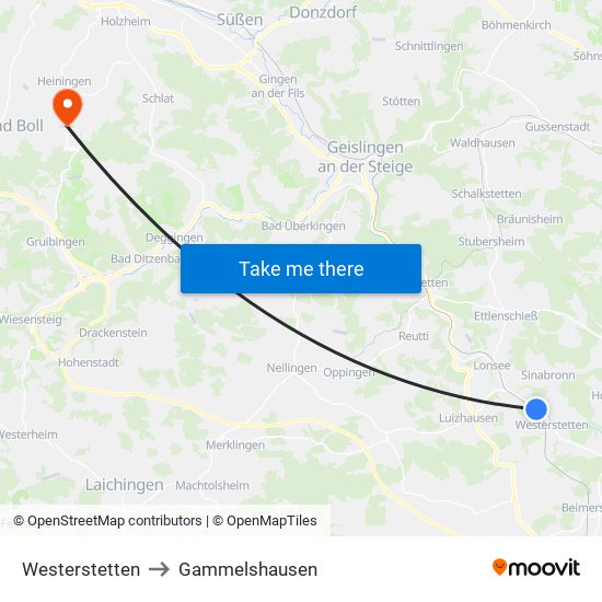 Westerstetten to Gammelshausen map