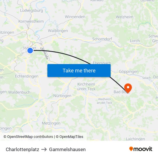 Charlottenplatz to Gammelshausen map