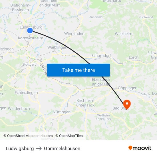 Ludwigsburg to Gammelshausen map