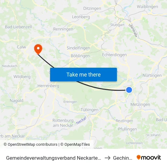 Gemeindeverwaltungsverband Neckartenzlingen to Gechingen map
