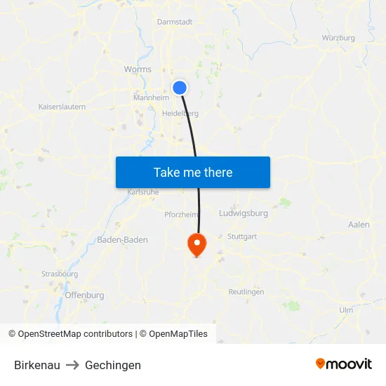 Birkenau to Gechingen map