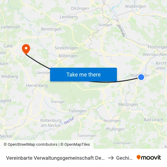Vereinbarte Verwaltungsgemeinschaft Der Stadt Nürtingen to Gechingen map