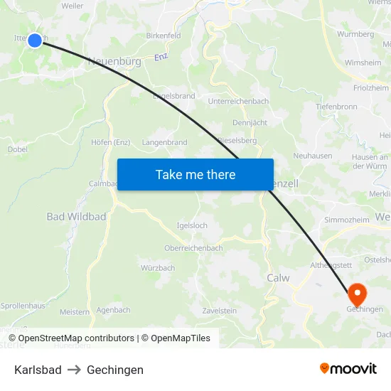 Karlsbad to Gechingen map