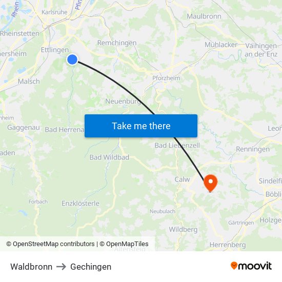 Waldbronn to Gechingen map