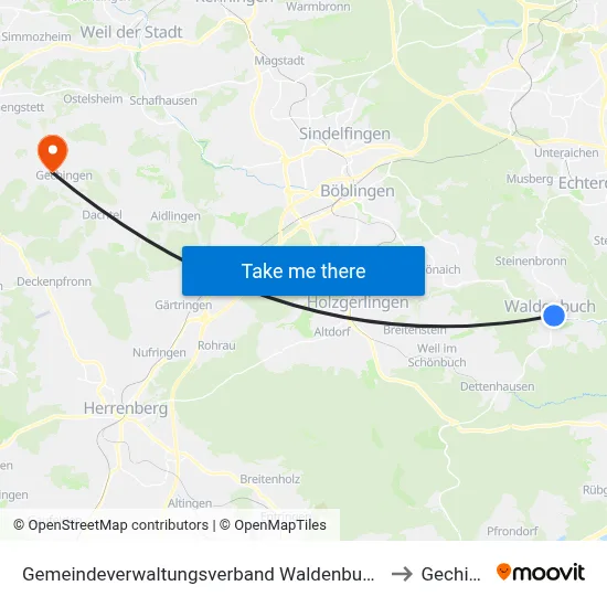 Gemeindeverwaltungsverband Waldenbuch/Steinenbronn to Gechingen map
