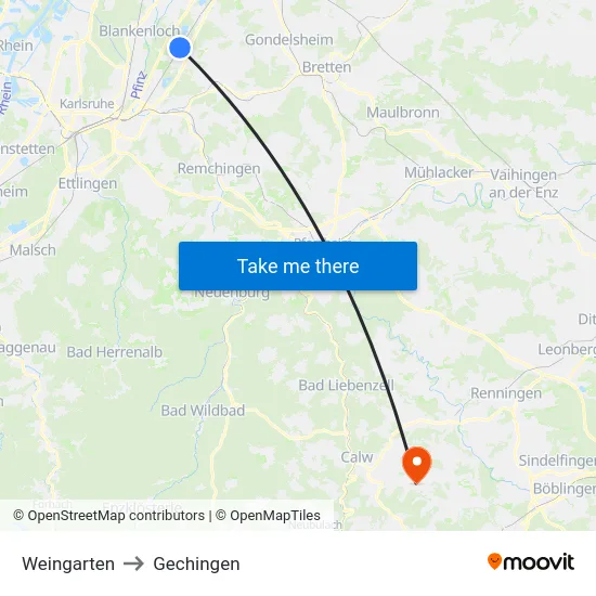 Weingarten to Gechingen map
