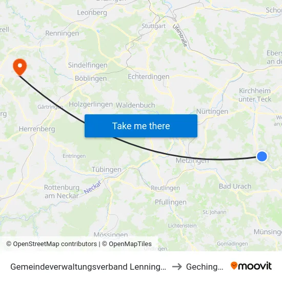 Gemeindeverwaltungsverband Lenningen to Gechingen map