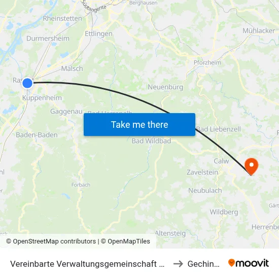 Vereinbarte Verwaltungsgemeinschaft Rastatt to Gechingen map