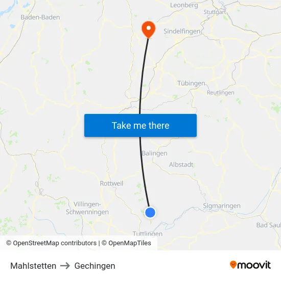 Mahlstetten to Gechingen map