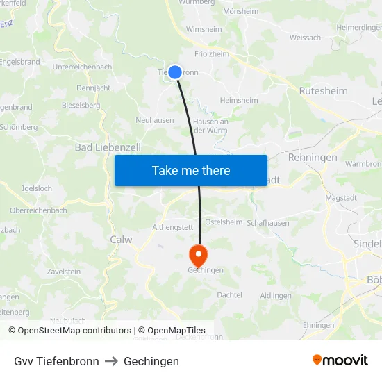 Gvv Tiefenbronn to Gechingen map