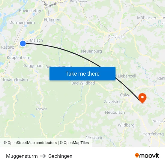 Muggensturm to Gechingen map