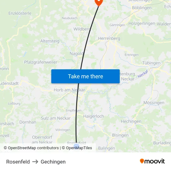 Rosenfeld to Gechingen map