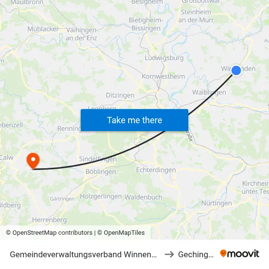 Gemeindeverwaltungsverband Winnenden to Gechingen map