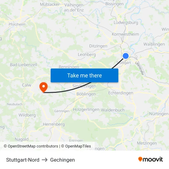 Stuttgart-Nord to Gechingen map