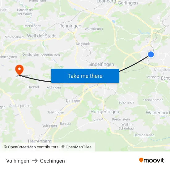 Vaihingen to Gechingen map