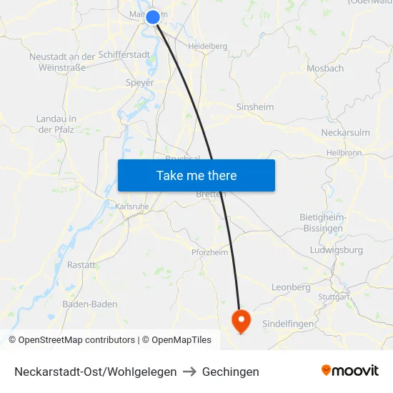 Neckarstadt-Ost/Wohlgelegen to Gechingen map