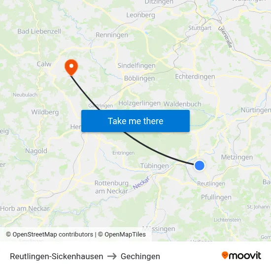 Reutlingen-Sickenhausen to Gechingen map