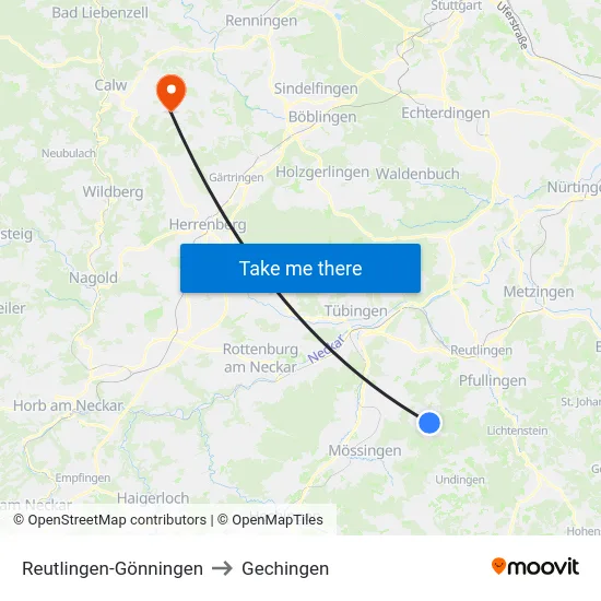 Reutlingen-Gönningen to Gechingen map