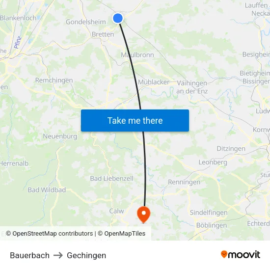 Bauerbach to Gechingen map
