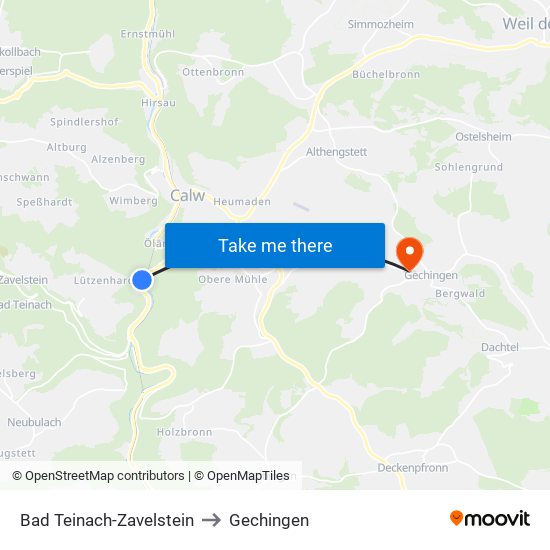 Bad Teinach-Zavelstein to Gechingen map