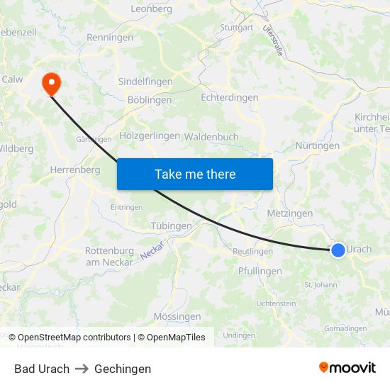 Bad Urach to Gechingen map