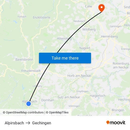 Alpirsbach to Gechingen map