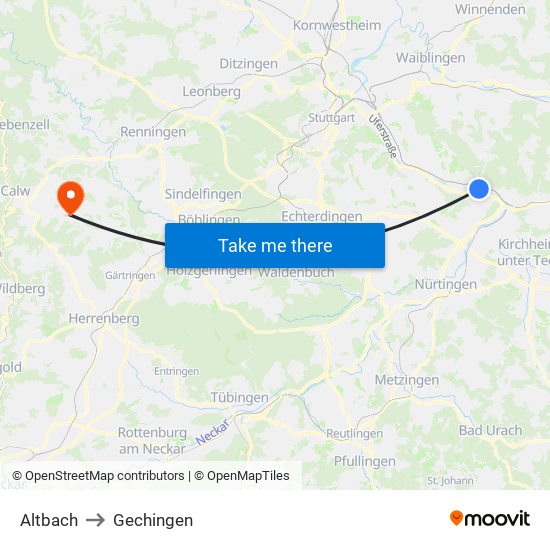 Altbach to Gechingen map