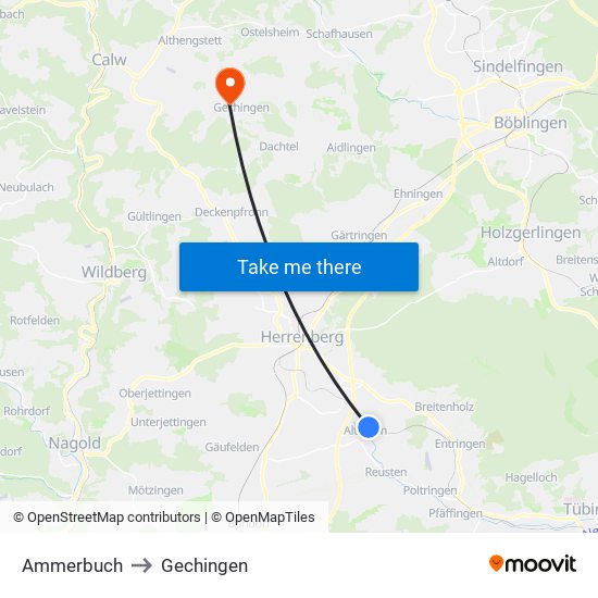 Ammerbuch to Gechingen map