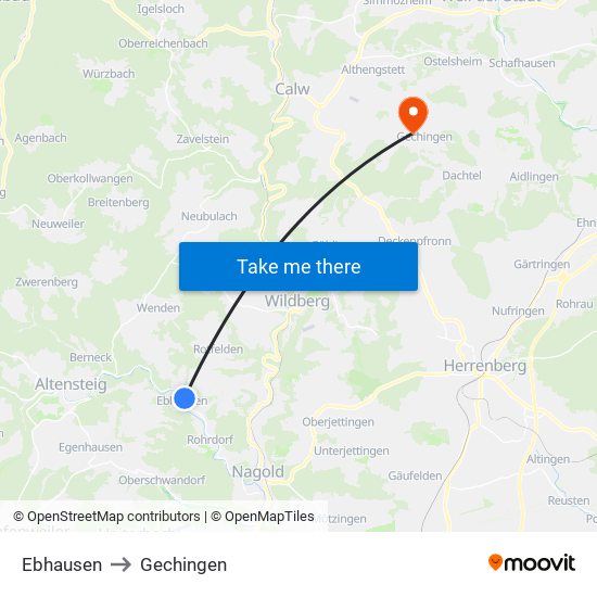 Ebhausen to Gechingen map