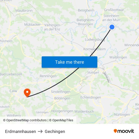 Erdmannhausen to Gechingen map