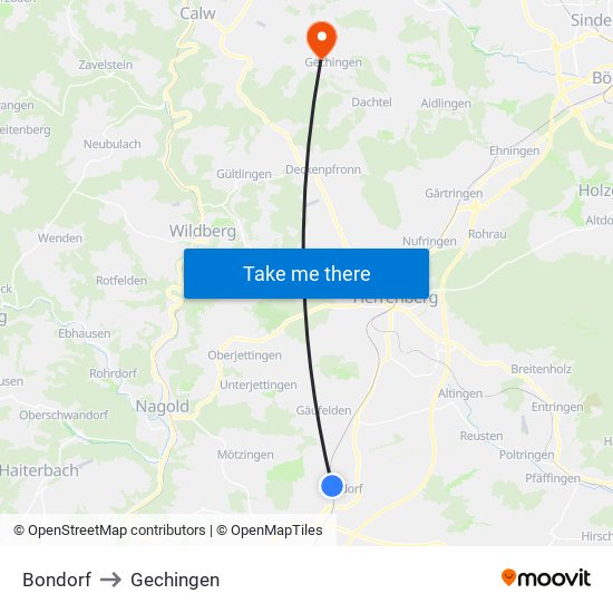 Bondorf to Gechingen map