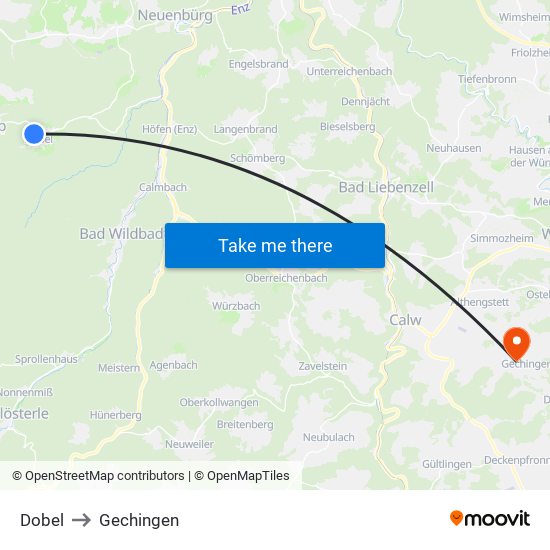 Dobel to Gechingen map