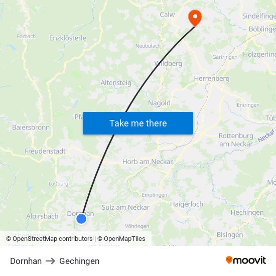 Dornhan to Gechingen map