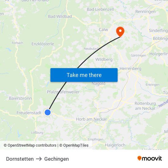 Dornstetten to Gechingen map