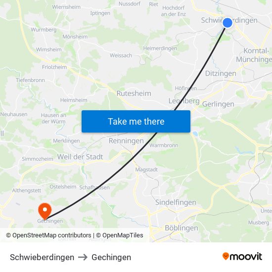 Schwieberdingen to Gechingen map