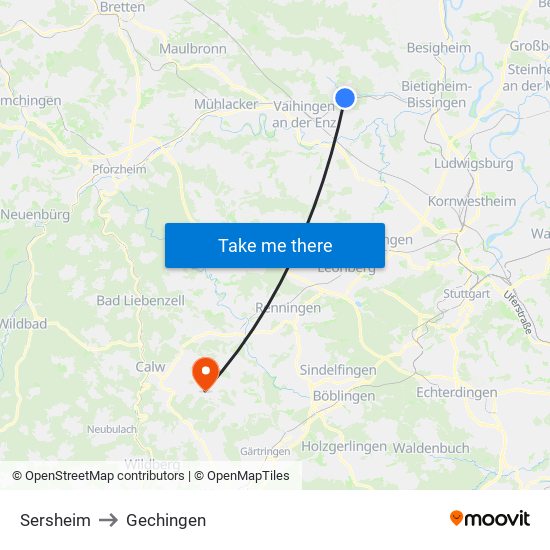 Sersheim to Gechingen map