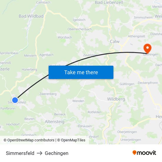 Simmersfeld to Gechingen map