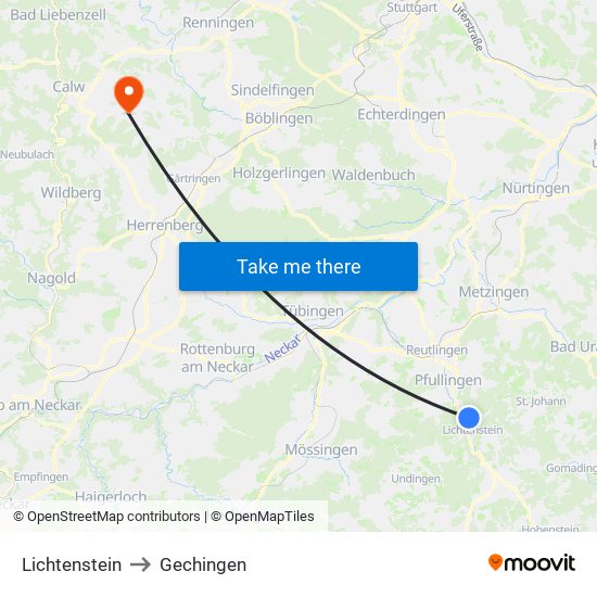 Lichtenstein to Gechingen map