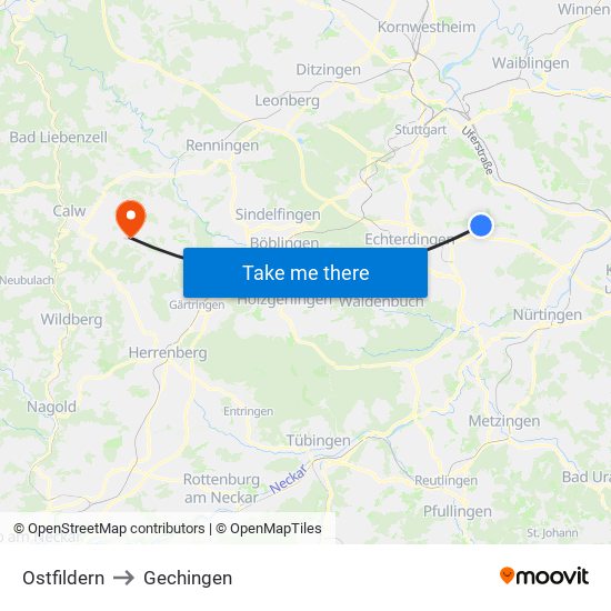 Ostfildern to Gechingen map