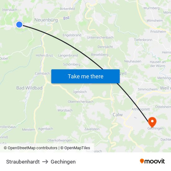 Straubenhardt to Gechingen map