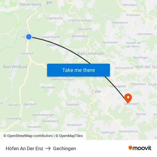 Höfen An Der Enz to Gechingen map