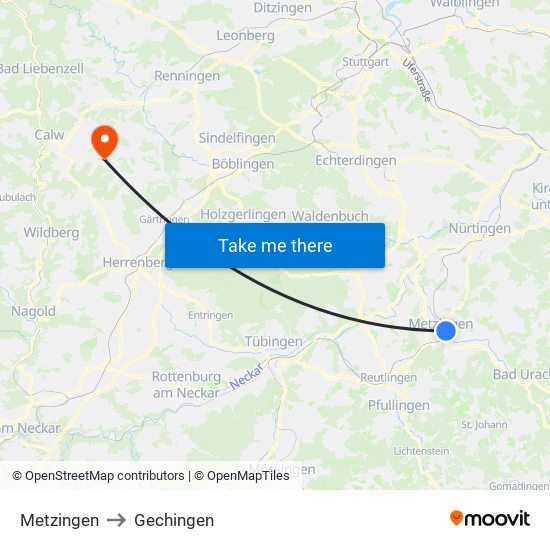 Metzingen to Gechingen map